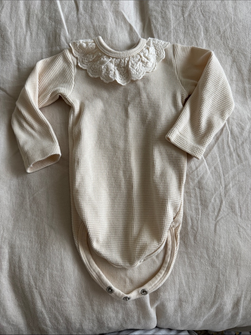 Quincy May: Cream Waffle Knit One-Piece with Lace Collar -